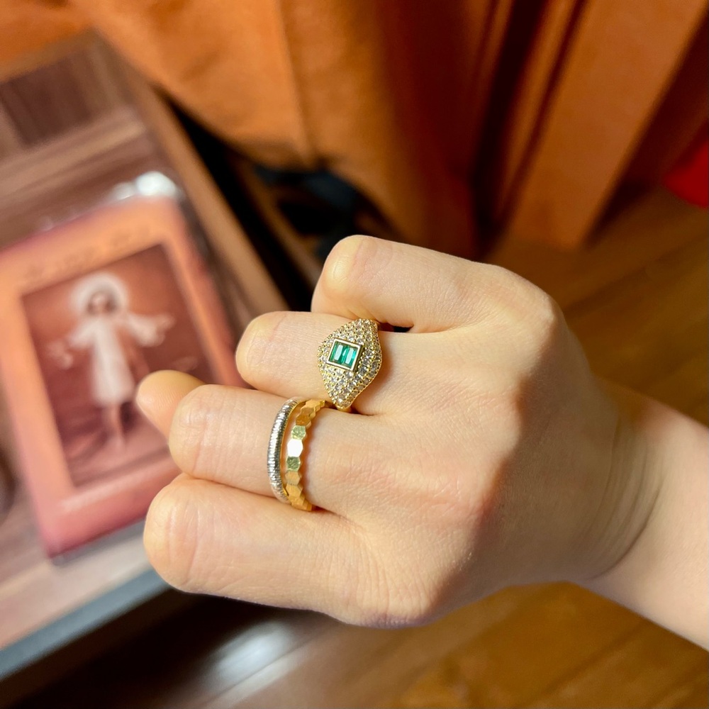 Gold Tone Signet Ring with Emerald-Green Center Stone & CZ Pavé Crystals